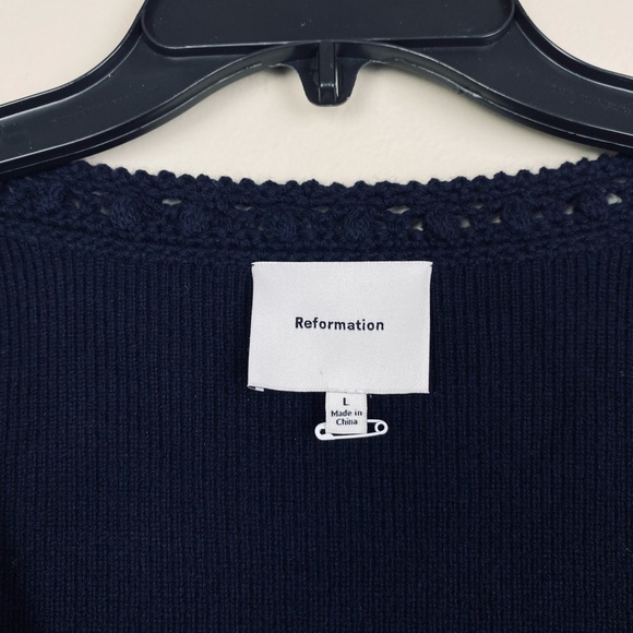 Reformation Priscilla Regenerative Wool Mini Sweater Dress Crochet Navy Large - Picture 12 of 16